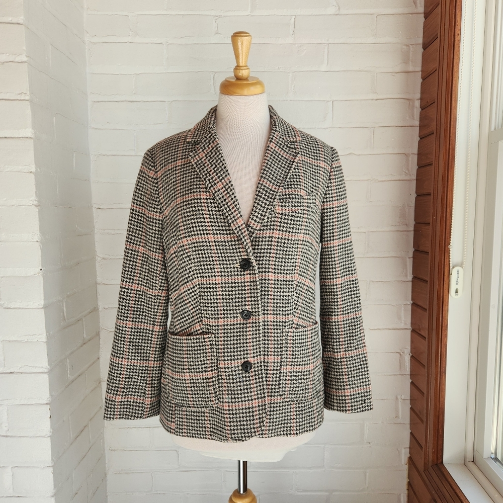 LL Bean Womens Medium Black Houndstooth Wool Blend Button Blazer Jacket